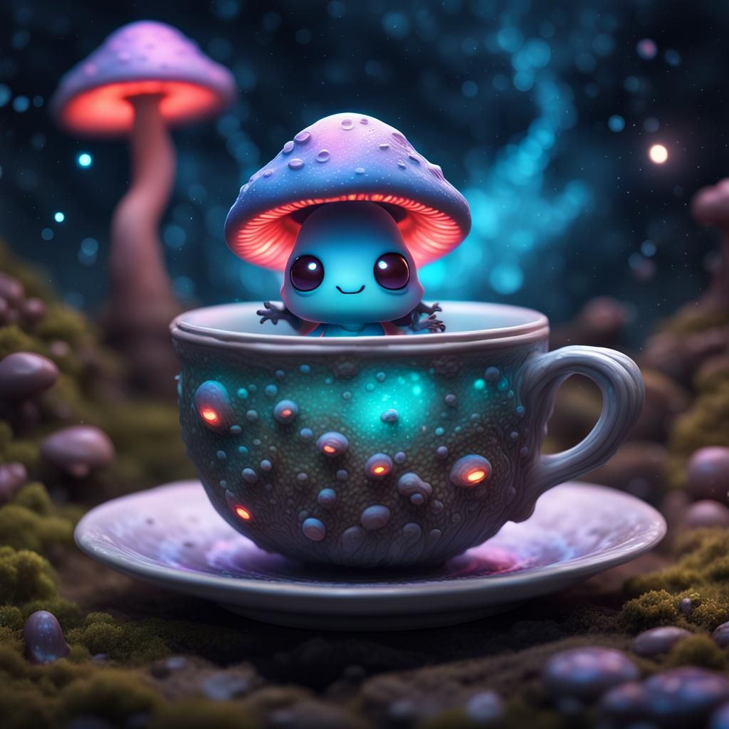 Bioluminescent Mushroom Monster in Teacup: Digital Art