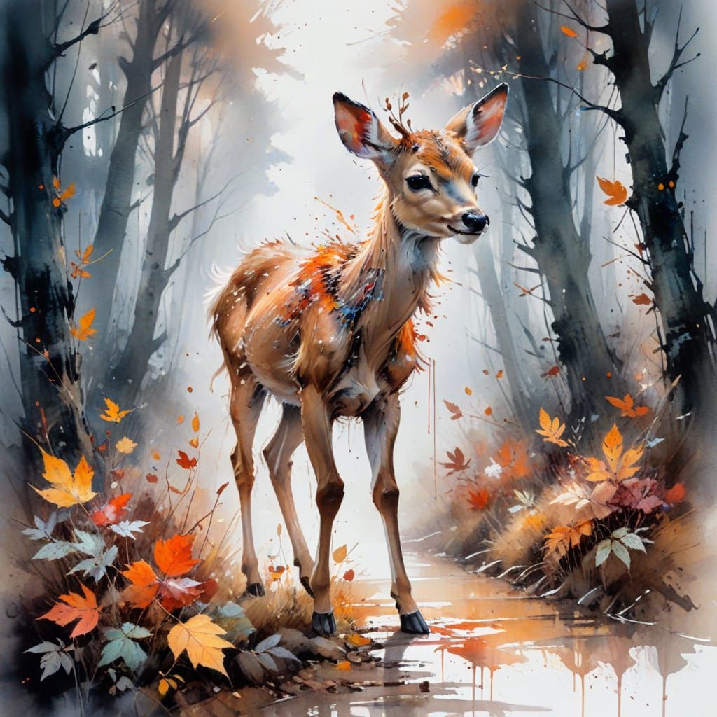 Playful Fawn in Autumn Forest: Watercolor Art