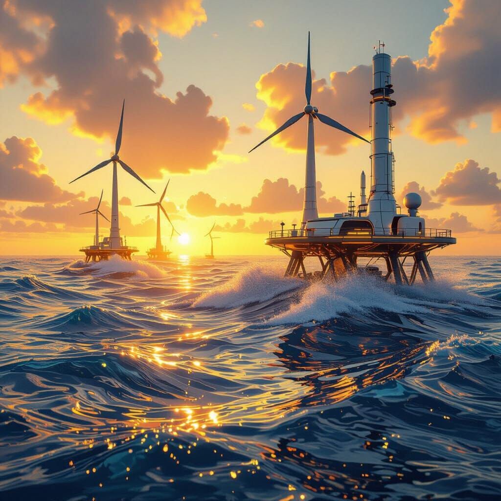 Futuristic Offshore Energy Platform at Dawn
