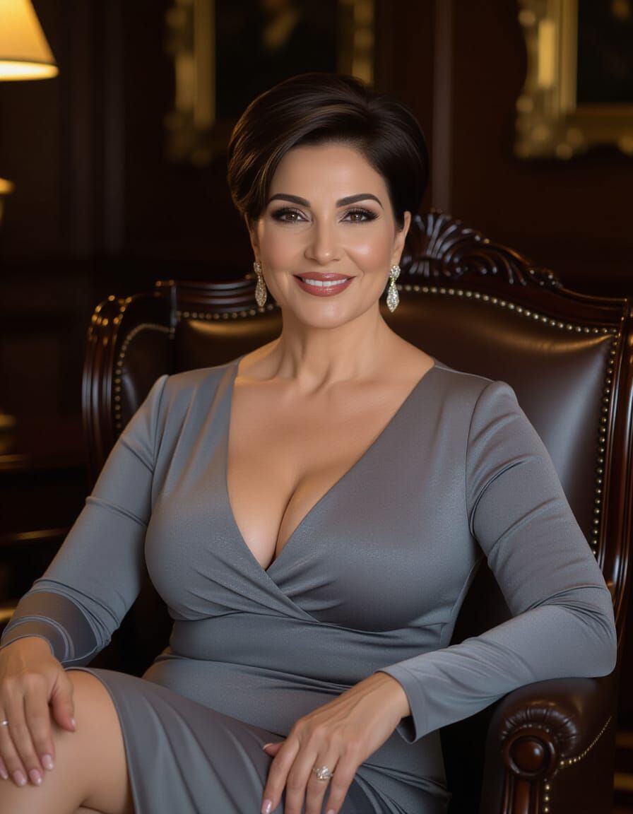 Elegant Middle Eastern Woman in Grey Latex Dress in Office