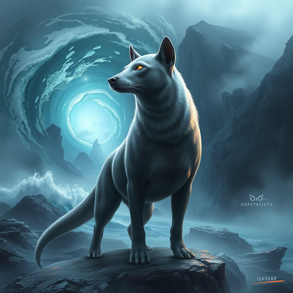 Majestic Half-Seal Half-Dog Creature on Misty Coast