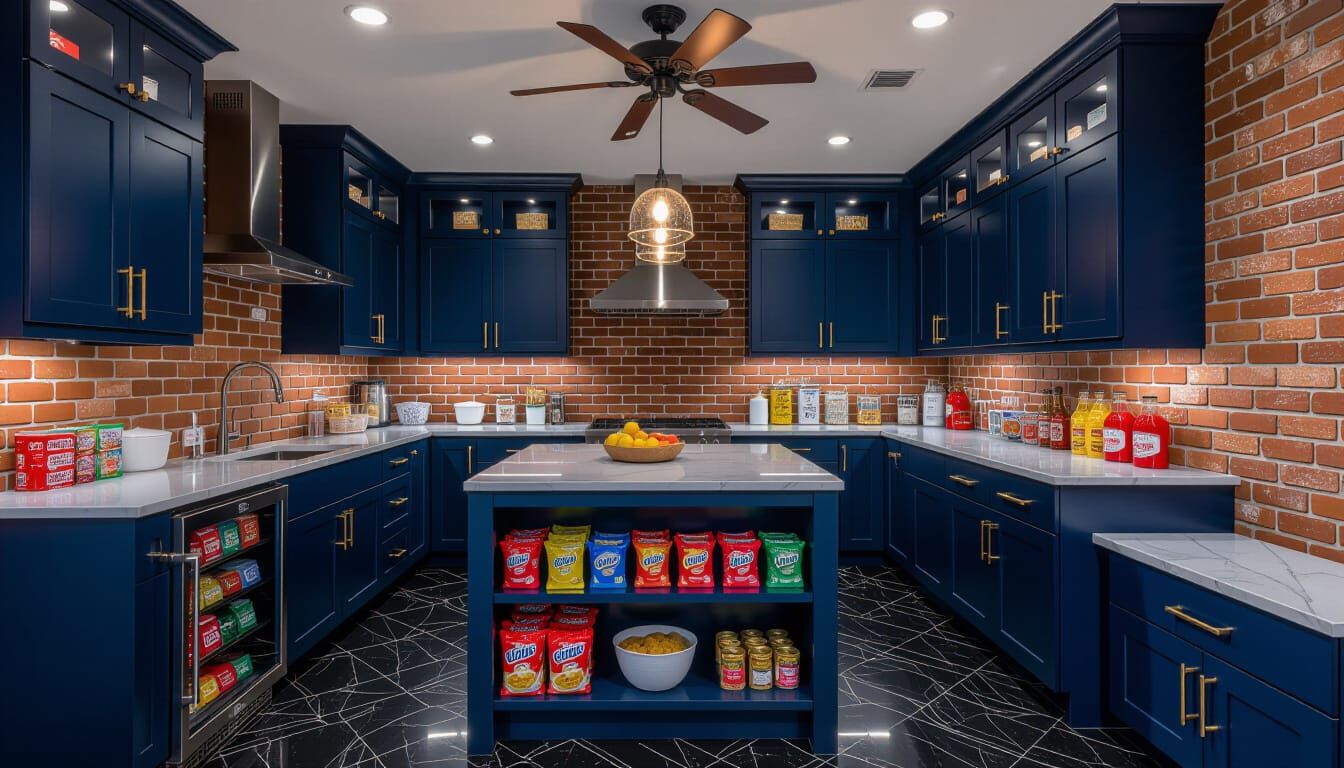 Victorian Storage Room with Dark Blue and Brick Accents