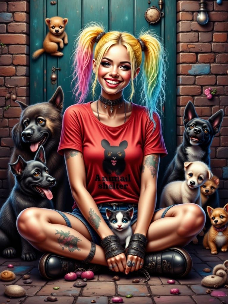 Harley Quinn Surrounded by Mischievous Pets in a Vibrant Oil...