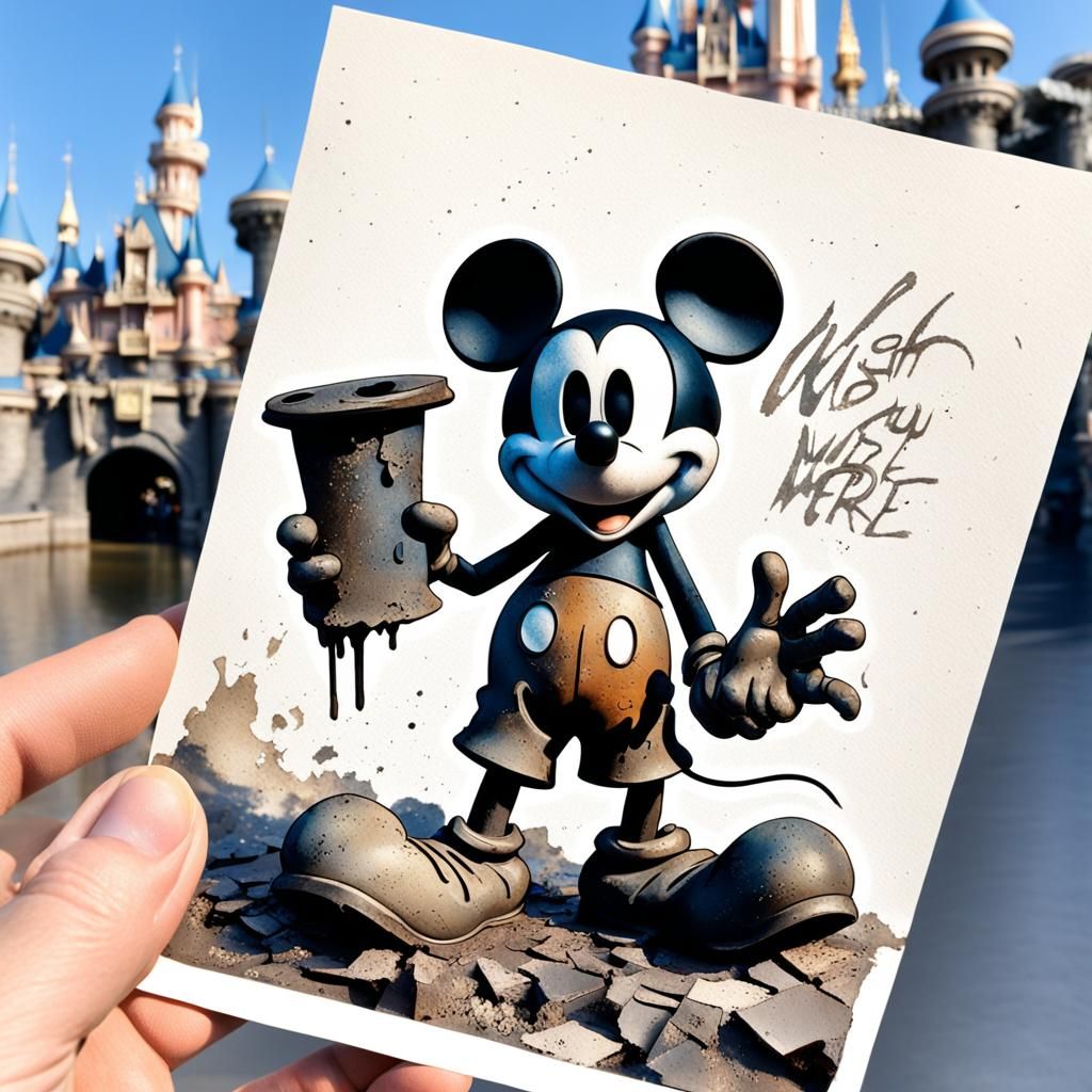 Post-Apocalyptic Disneyland Mascots on Faded Postcard