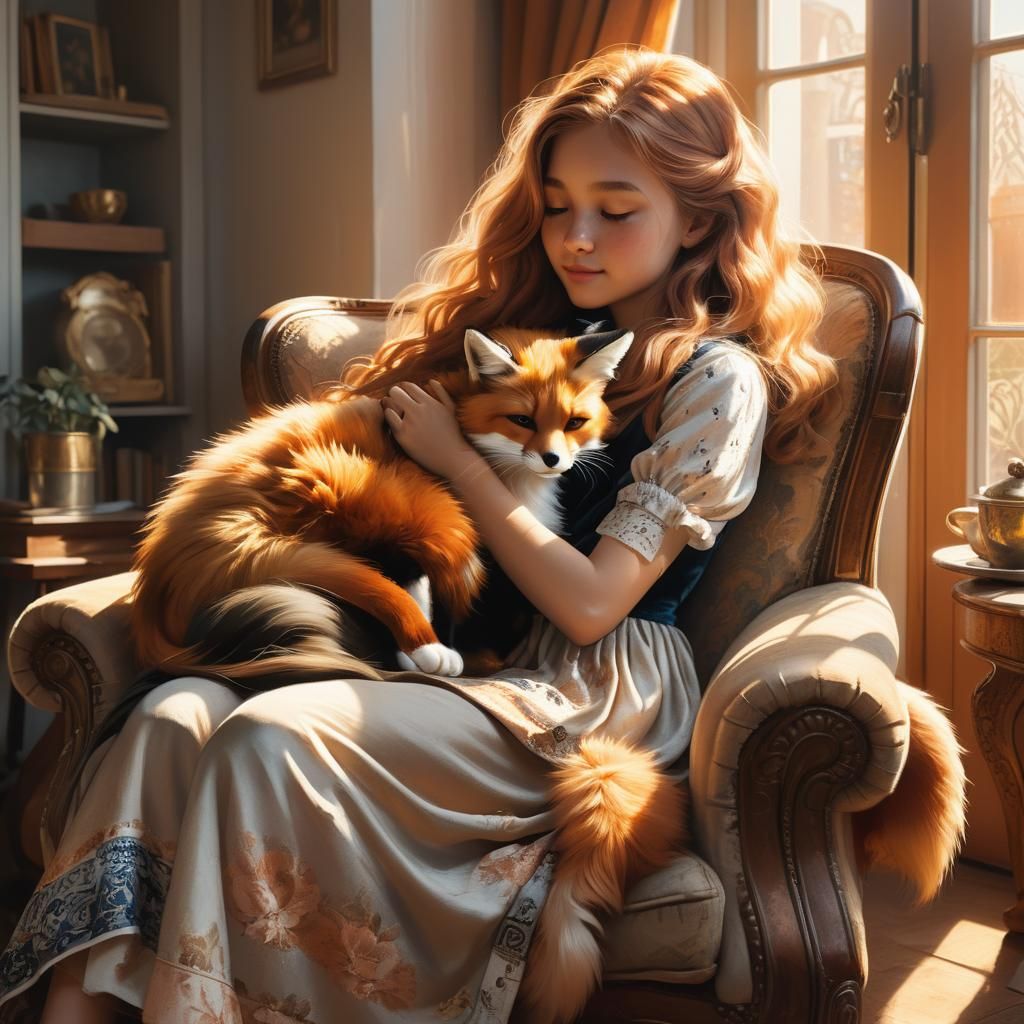 Girl in Armchair with Cat: Photorealistic Digital Art