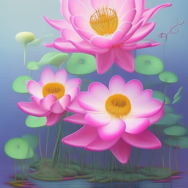 Dreamy Lotus Flowers in Surreal Fantasy Landscape