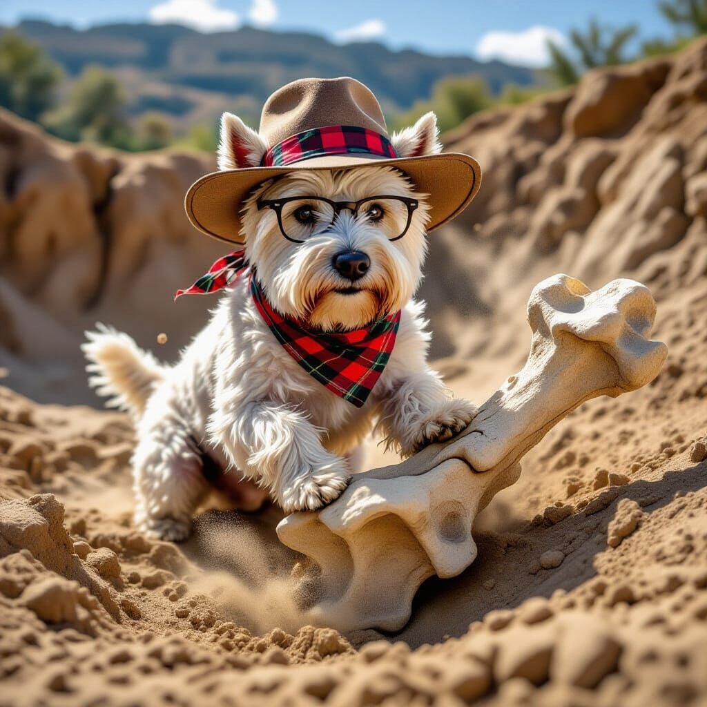 Anthropomorphic Dog as Paleontologist Digging Dinosaur Bone