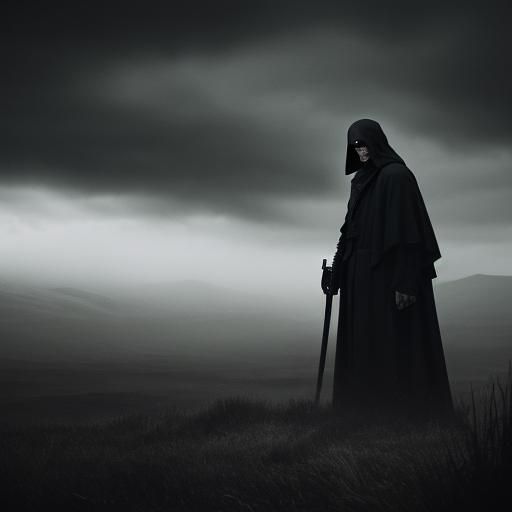 Grim Reaper in Desolate Landscape: Cinematic Film Still