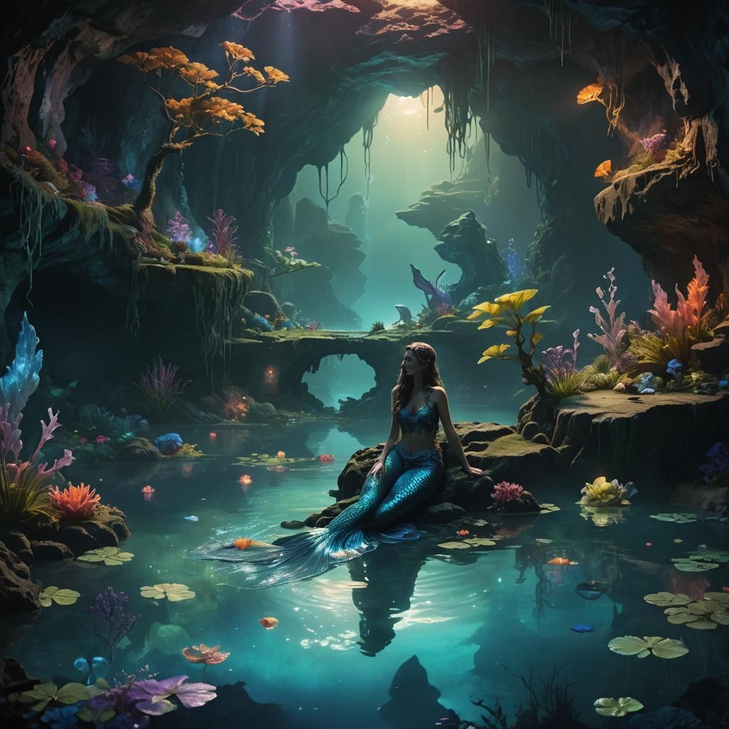 Ethereal Mermaid in Bioluminescent Cave: Fantasy Art