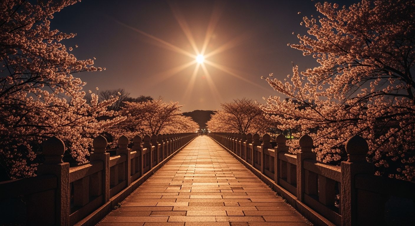 Cherry Blossom Bridge in Cinematic Moonlight