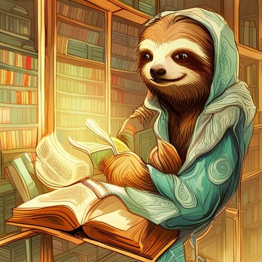Sloth Reading Book in Library, Digital Painting