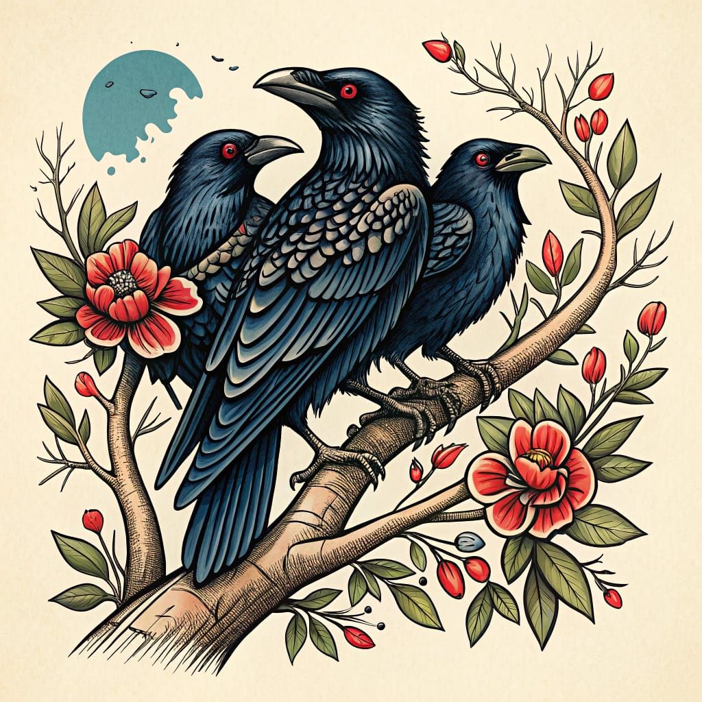 Vintage Sailor Jerry-Inspired Tattoo of Three Crows Perched
