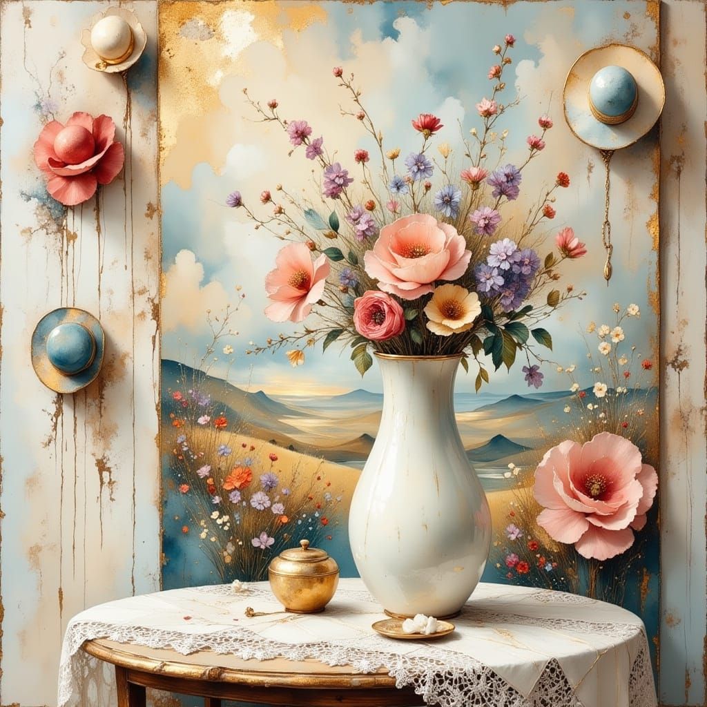 Porcelain Hand Vase with Flowers in Surrealist Style