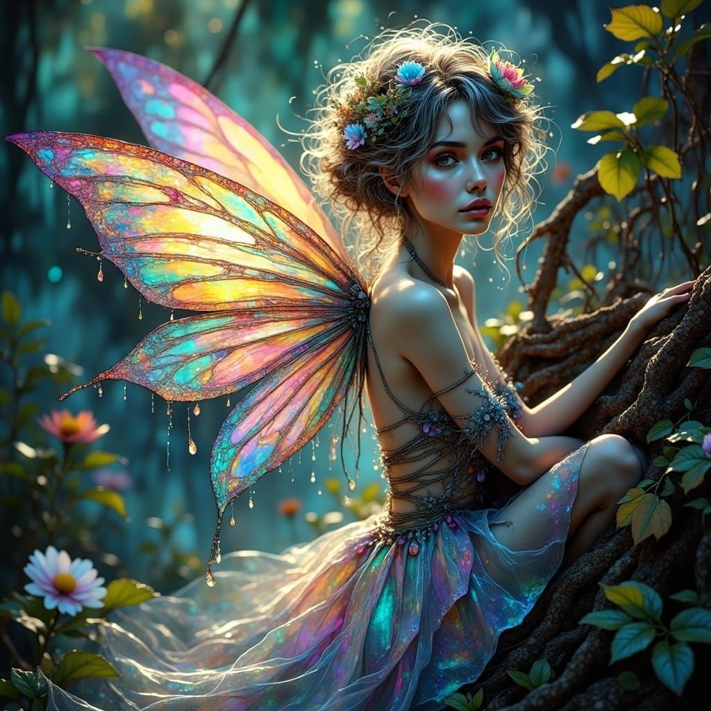 Ethereal Fairy Goddess in Iridescent Gown against Mystical V...