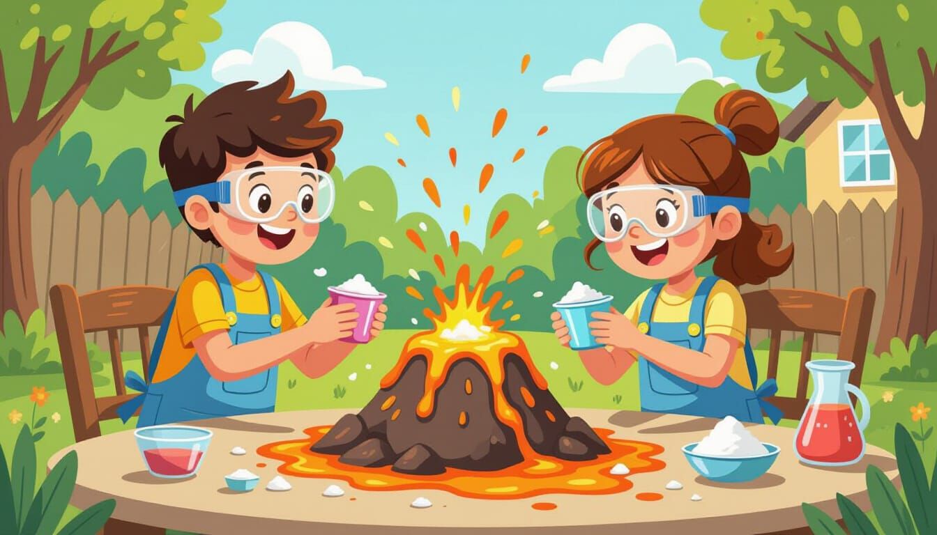 Kids' Volcano Science Project in Cartoon Style