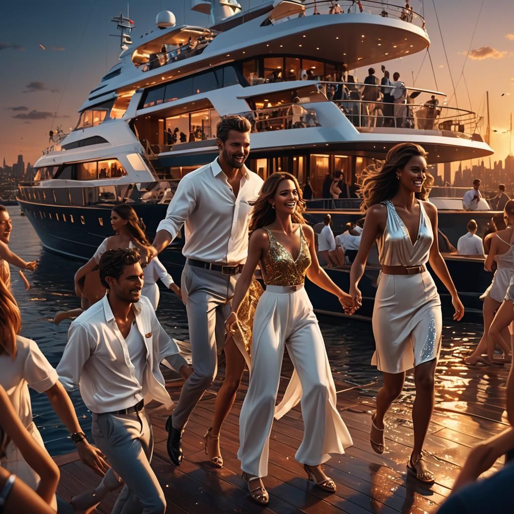 Luxury Yacht Sunset Dance: Detailed Matte Painting