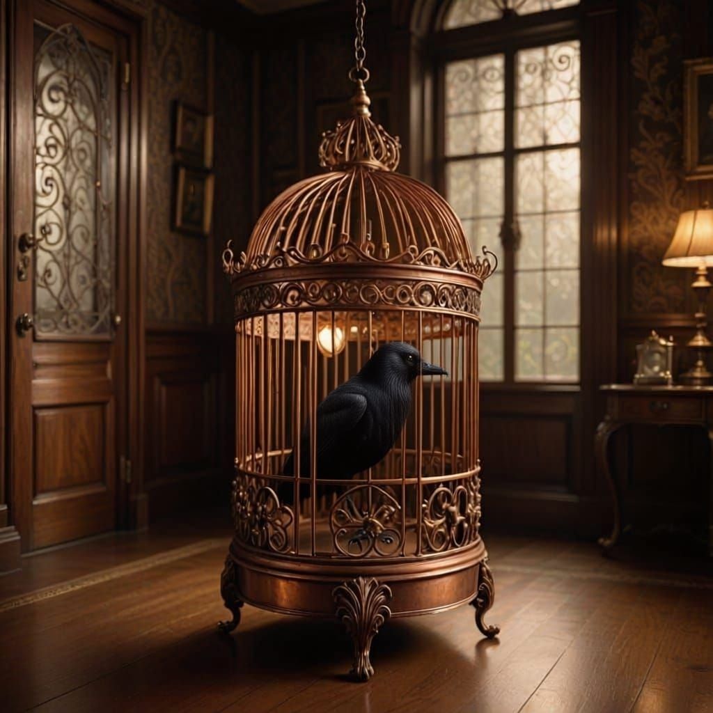 Antique Copper Birdcage in Sunlit Victorian Parlor