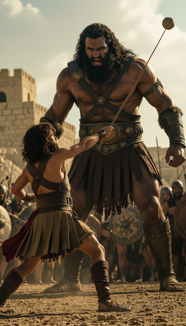 Young David Defeats Goliath in Dramatic Biblical Scene