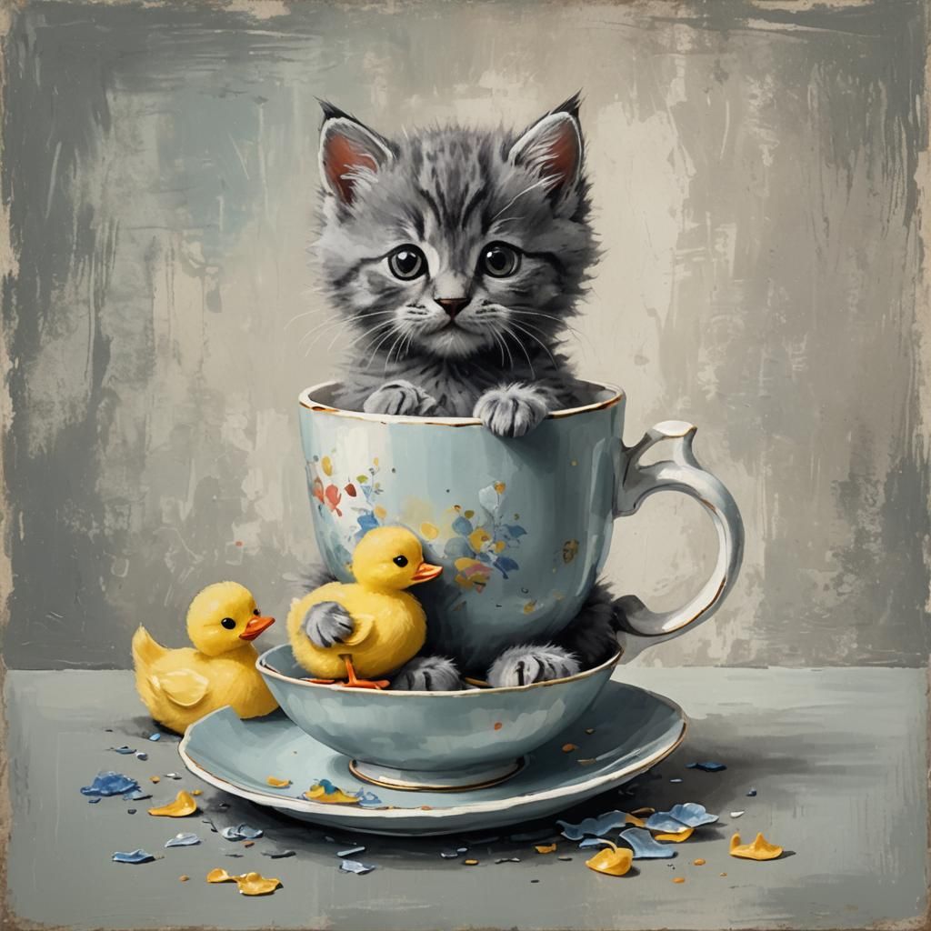 Fluffy Kitten in Teacup with Rubber Duck: Abstract Art