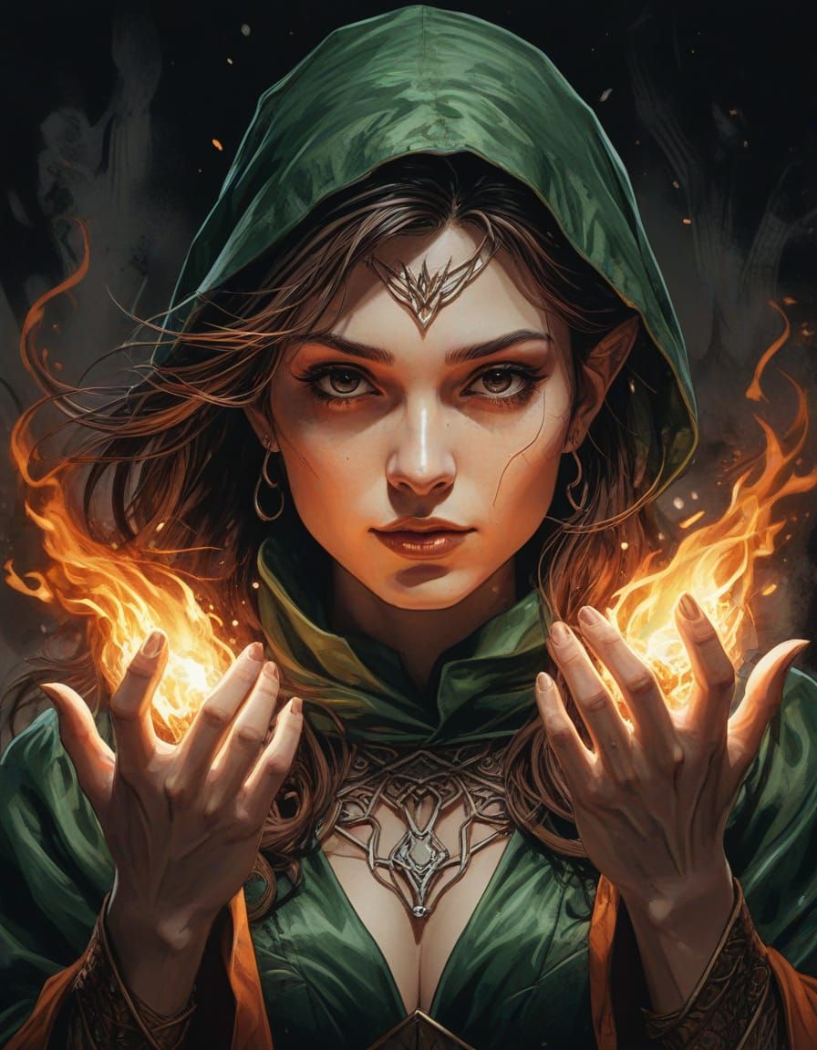 Elf Sorceress Fireball Portrait in Comic Book Style
