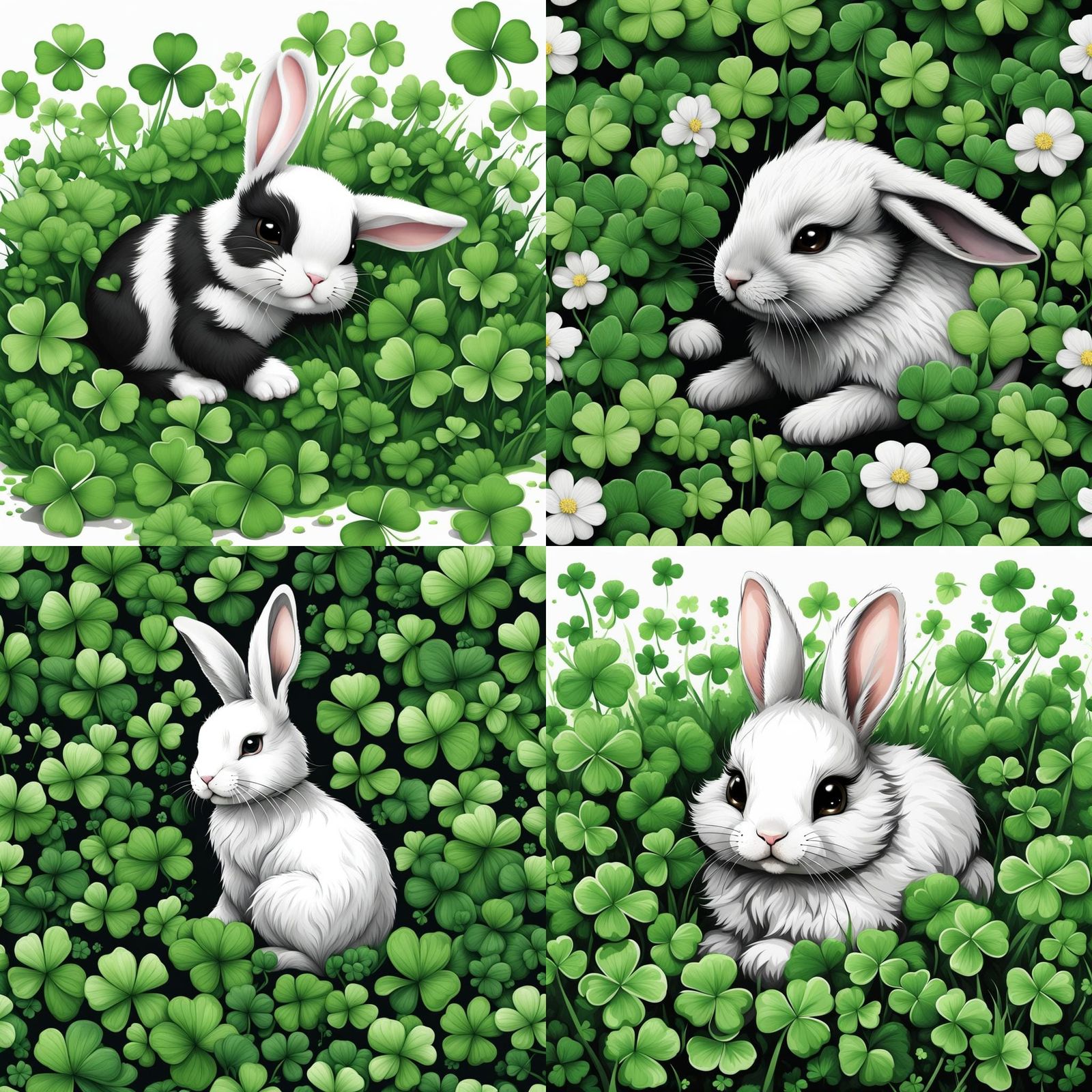 Chibi Bunny in Clover Field: Black and White with Green