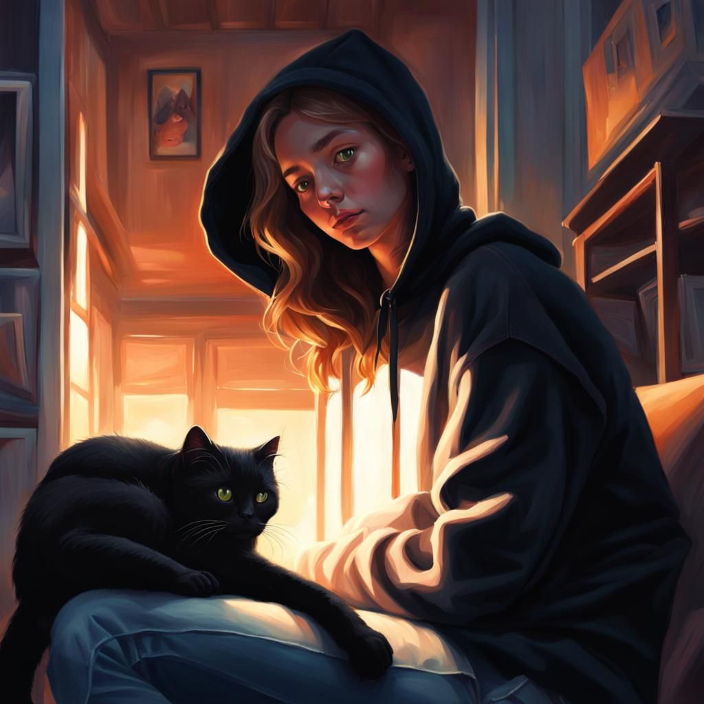 A realistic painting of an innocent young woman holding a bl...