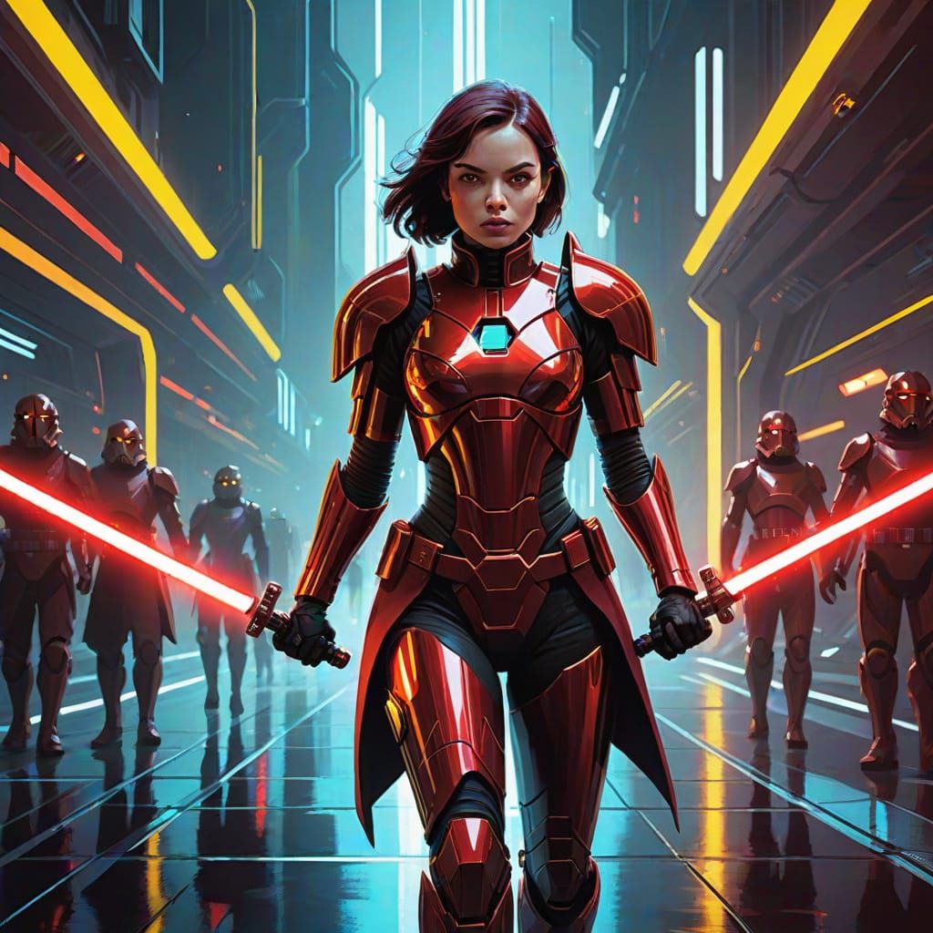 Retro-Futuristic Warrior Unleashes Fury in Dark Red Armor