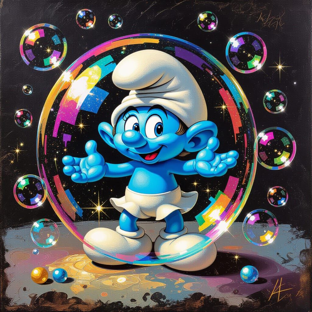 Iridescent Bubbles Surround Smurf in Renaissance Oil Paintin...