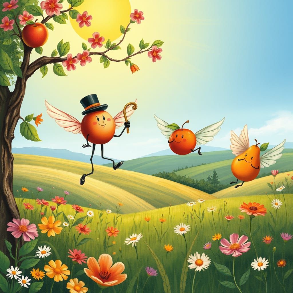 Whimsical Winged Fruits in a Sun-Drenched Orchard