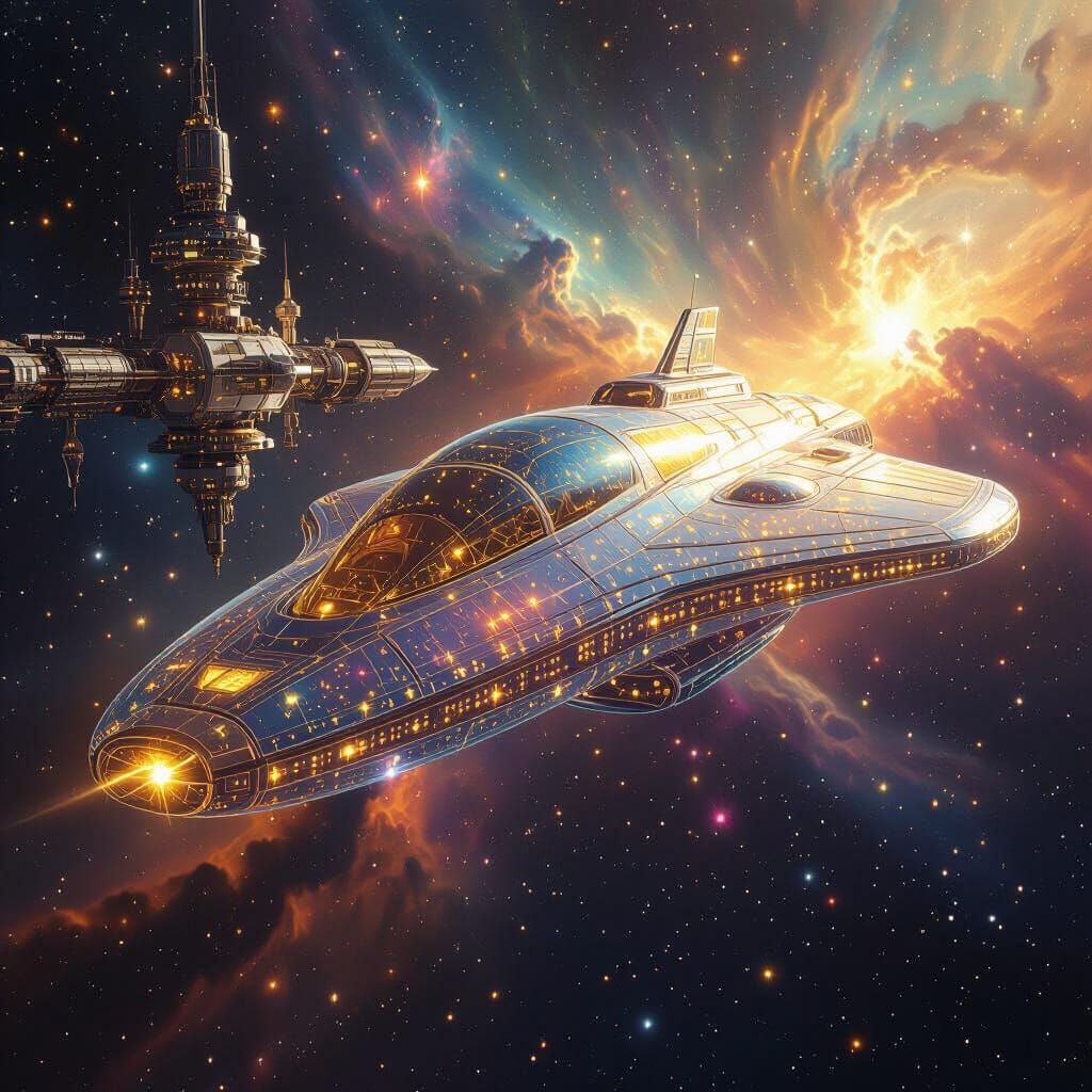 Futuristic Spaceship Materializes in Nebula