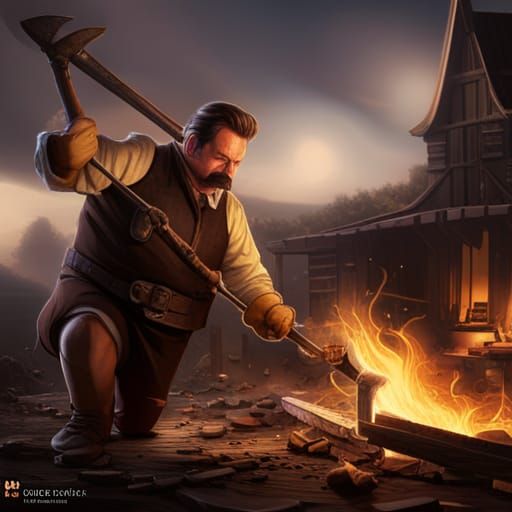 Fantasy Blacksmith Forging Greataxe in Dark Fantasy Style