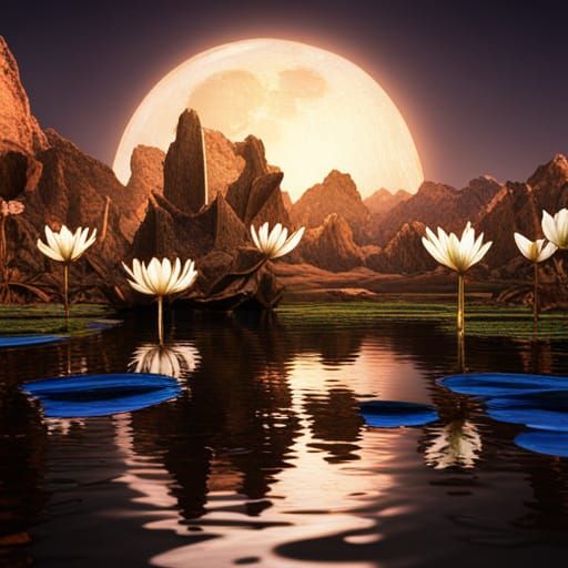 Egyptian Blue Water Lilies Under Full Moon