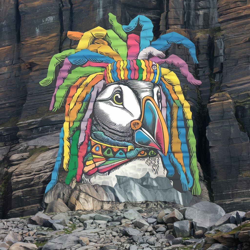 Psychedelic Rasta Puffin Head Carved in Mountain