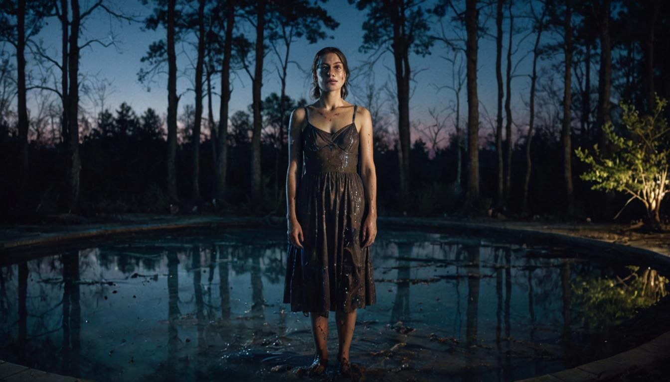 Woman in Empty Pool at Night: Cinematic Still