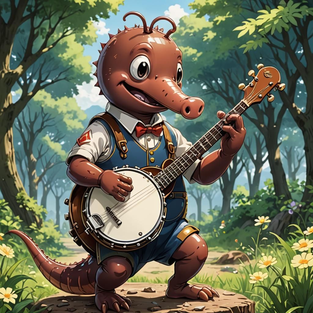 Earthworm Playing Banjo in Anime Style