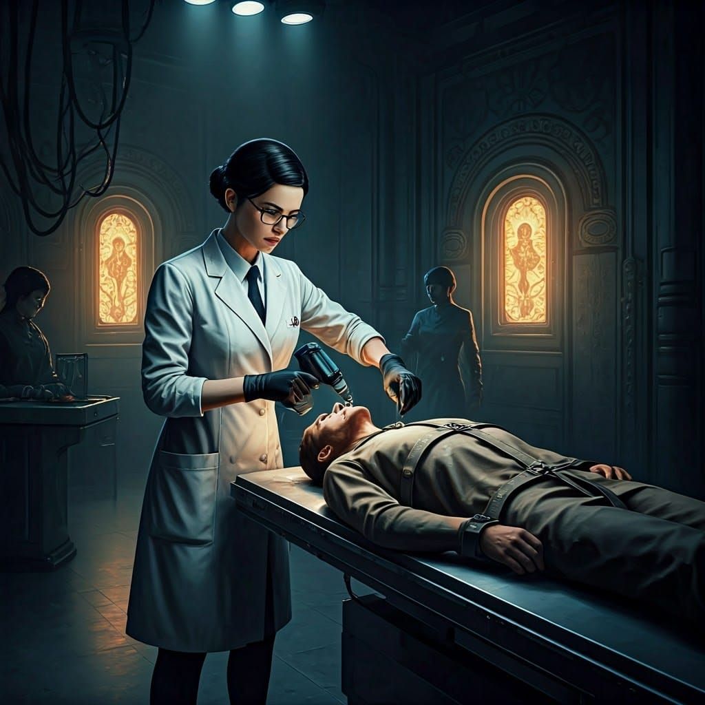 Female Scientist Prepares Trepanation in Dramatic Lighting