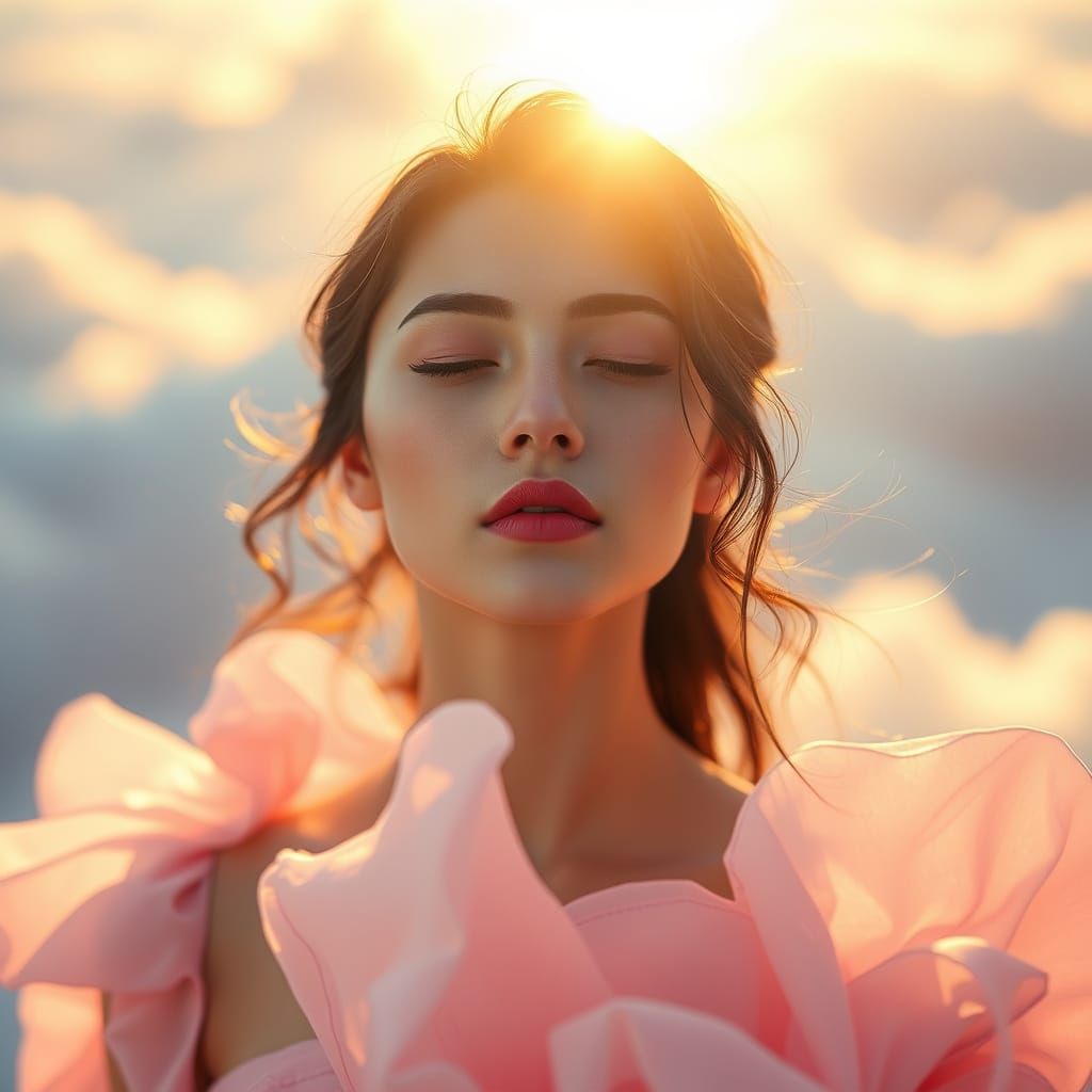 Woman in Silky Pink Cloud Dress in Golden Hour Light