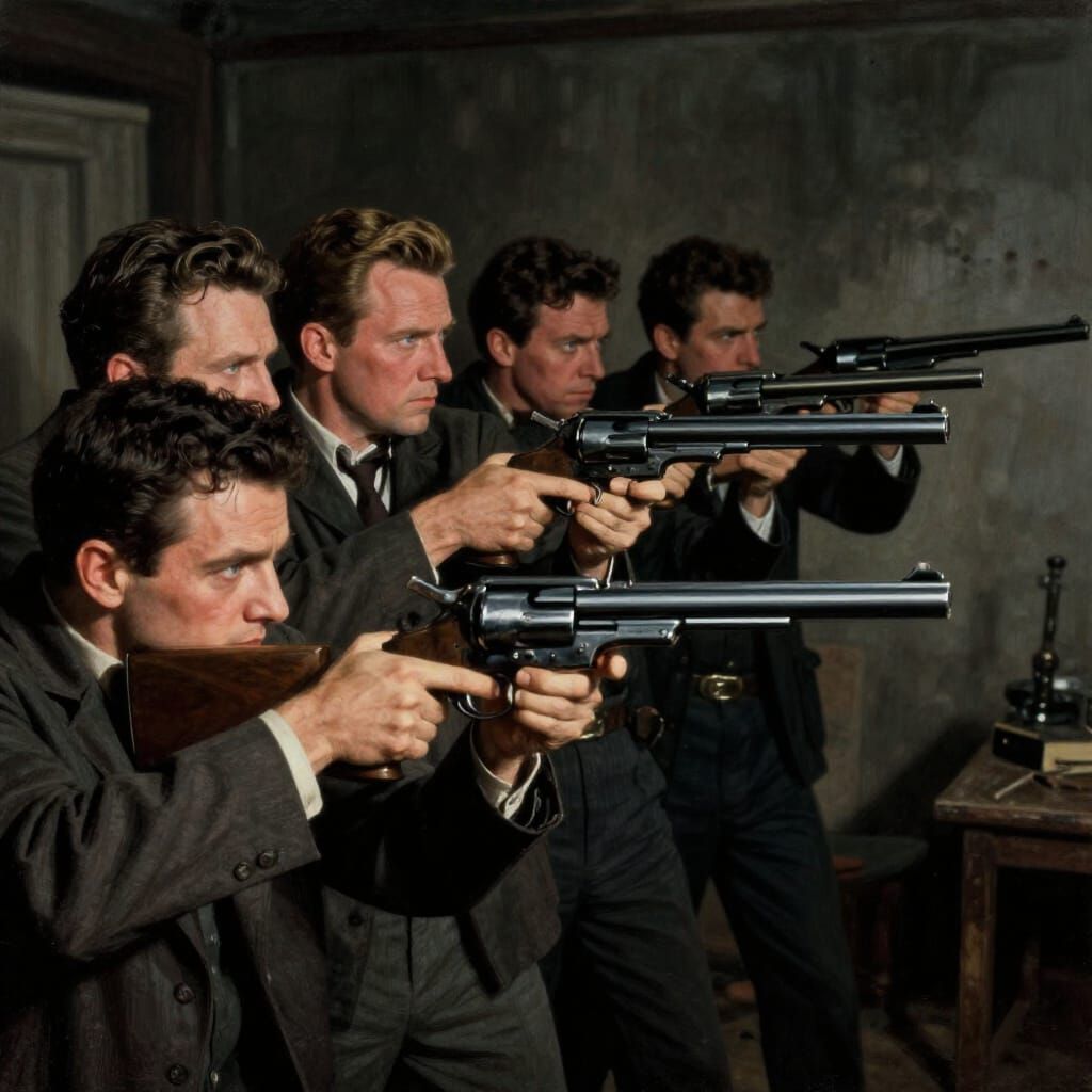 Film Noir Scene: Figures Aiming Vintage Revolver