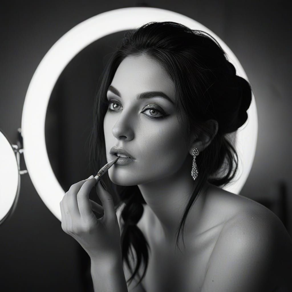 Aphrodite Applying Blue Face Powder in Black and White