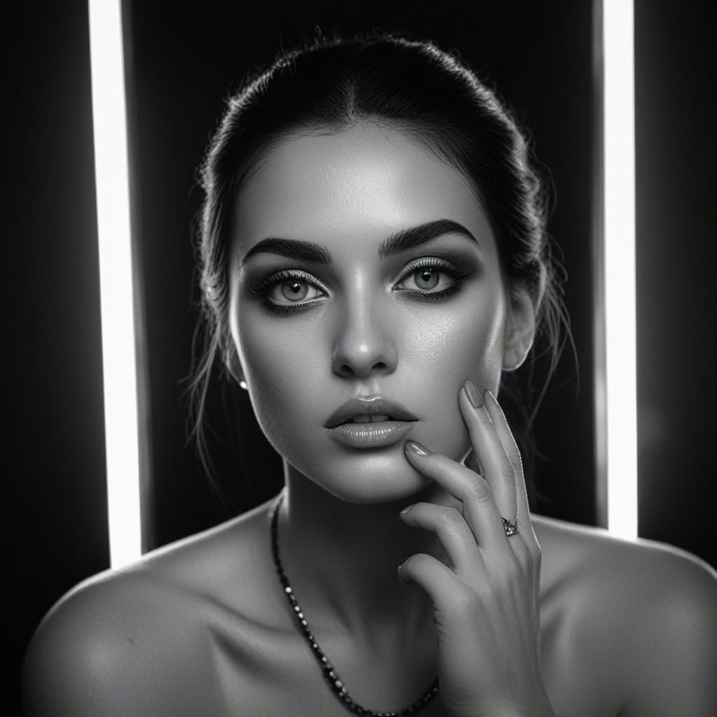 Aphrodite Applying Powder in Striking Black and White Portra...