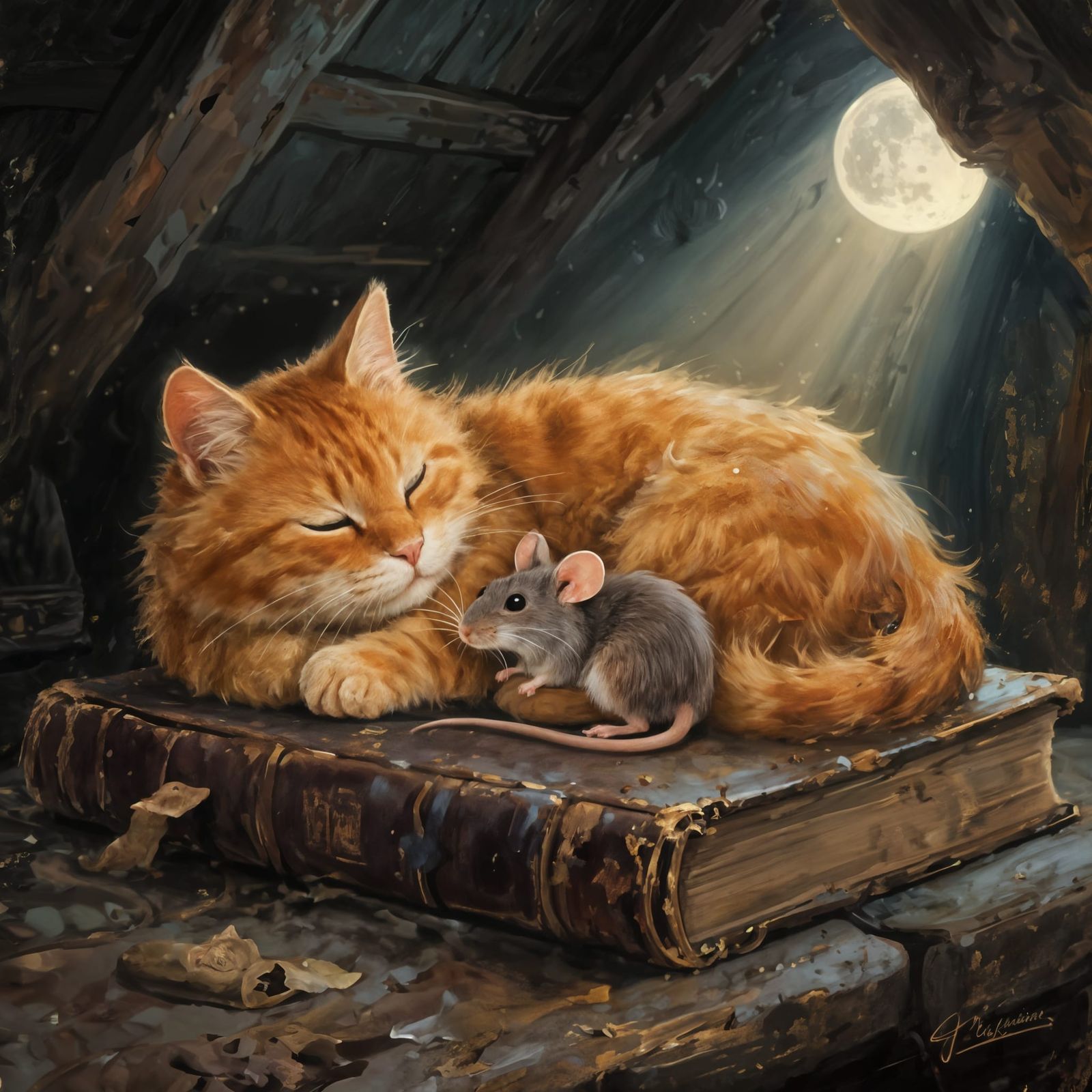 Cat and Mouse Friendship in Moonlit Attic Oil Painting