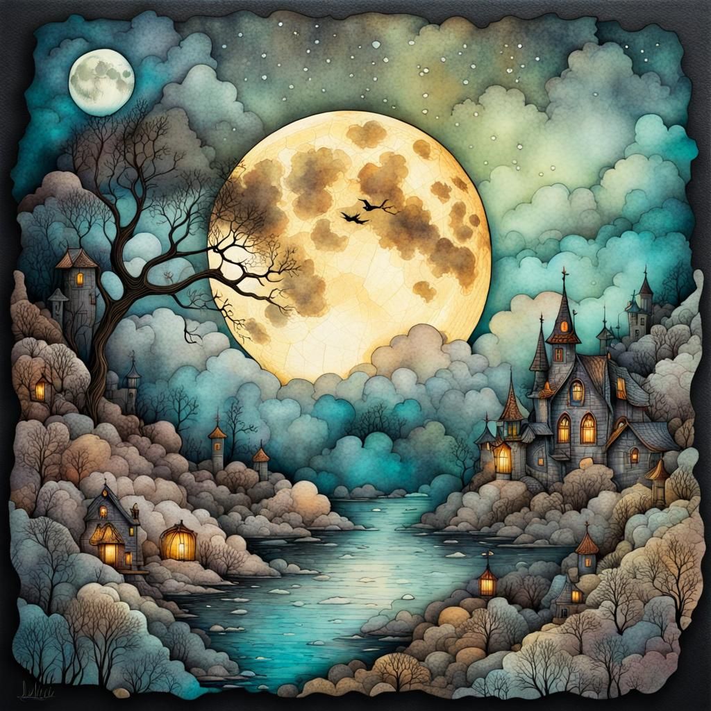 Mystical Moonlit Dreamscape in Whimsical, Storybook Style