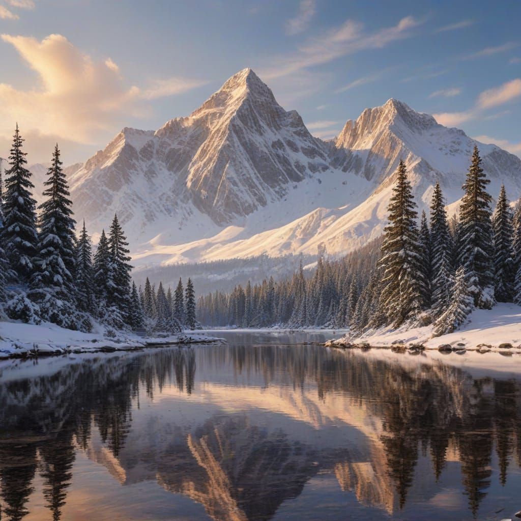 Snowy Mountain Range at Dawn in Romantic Style