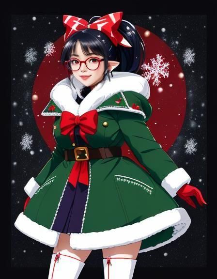 Festive Cyberpunk Elf Anime Girl in Winter