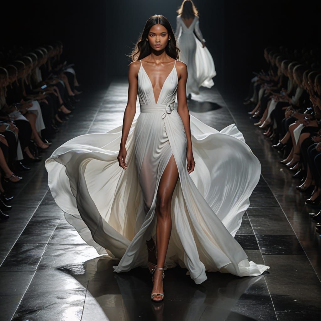Ethereal Runway Goddess in Dramatic White Gown
