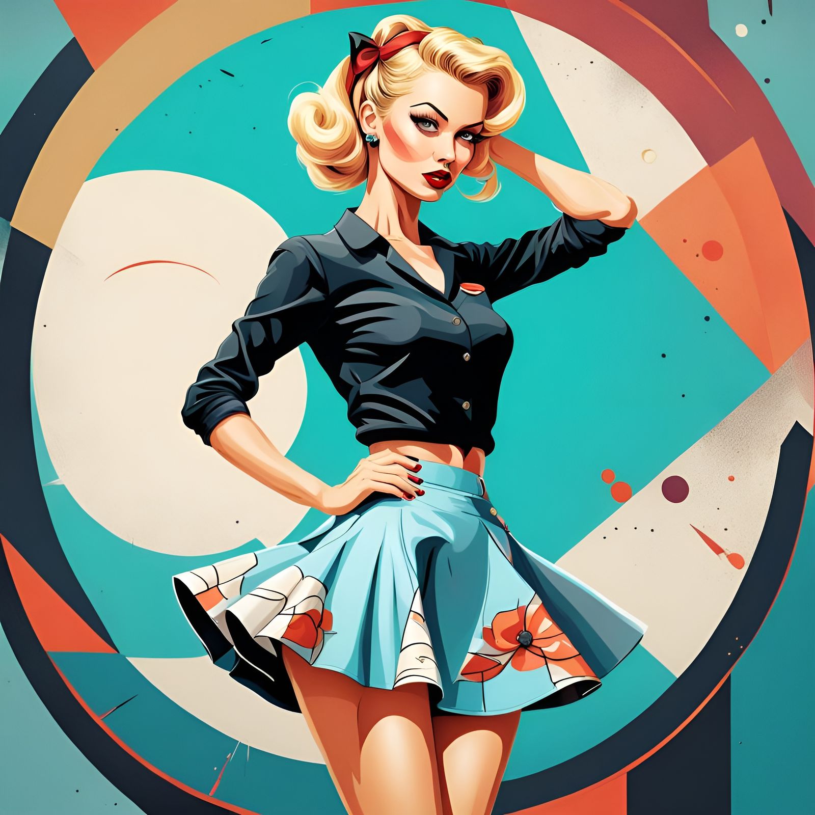 Cartoon Pin-Up Girl with Short Skirt in Abstract Art