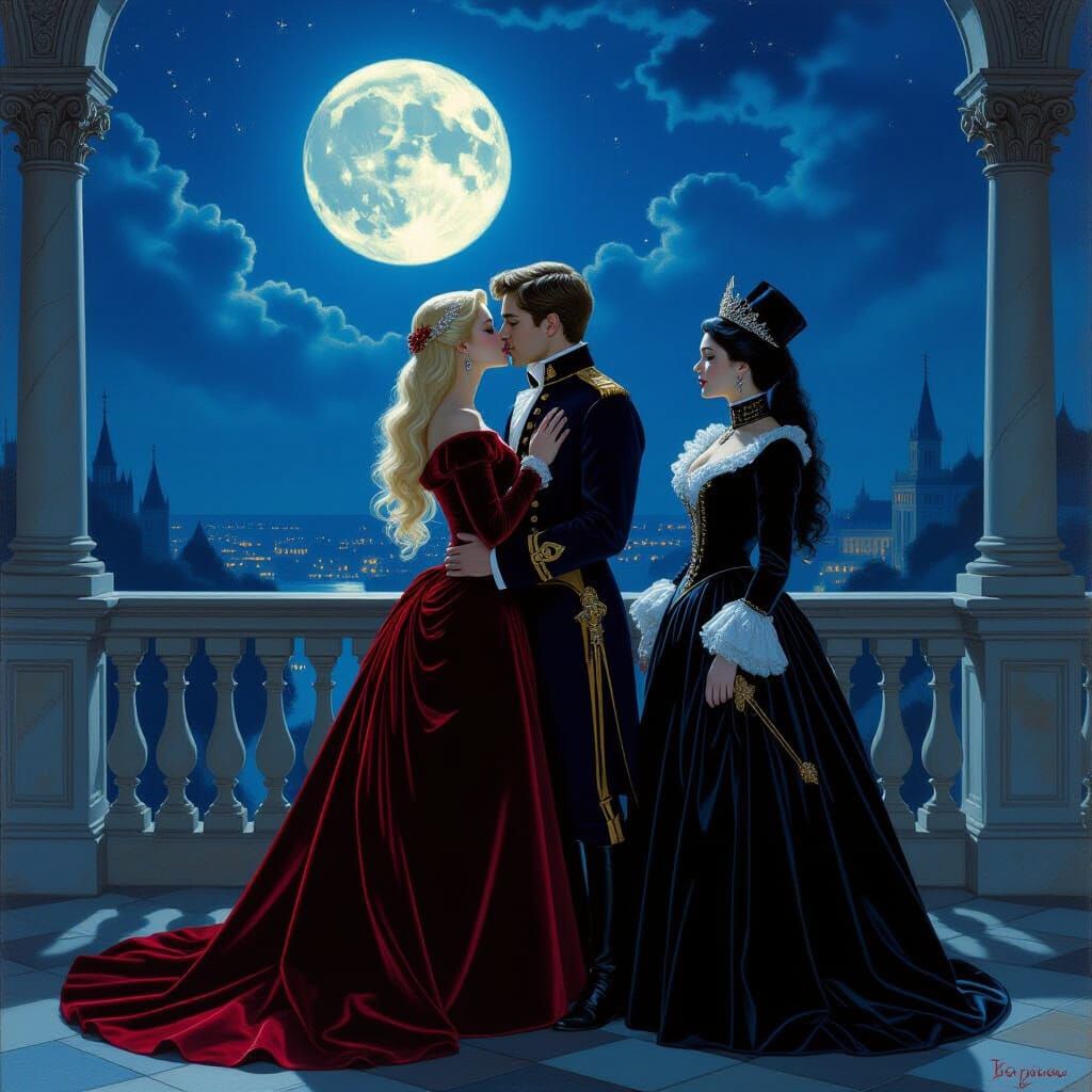 Vampire Queen Jealous of Couple Under Moonlight Oil Painting