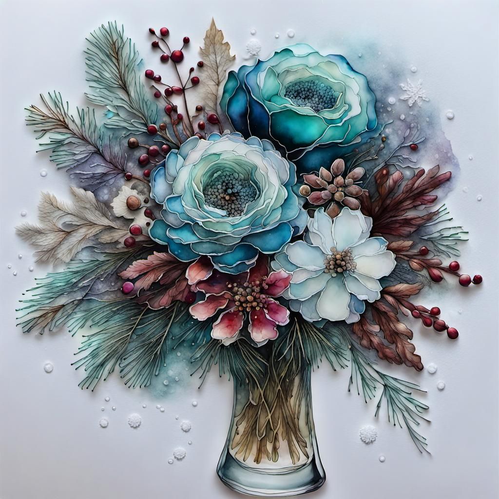 Intricate Winter Floral Bouquet in Alcohol Ink Style