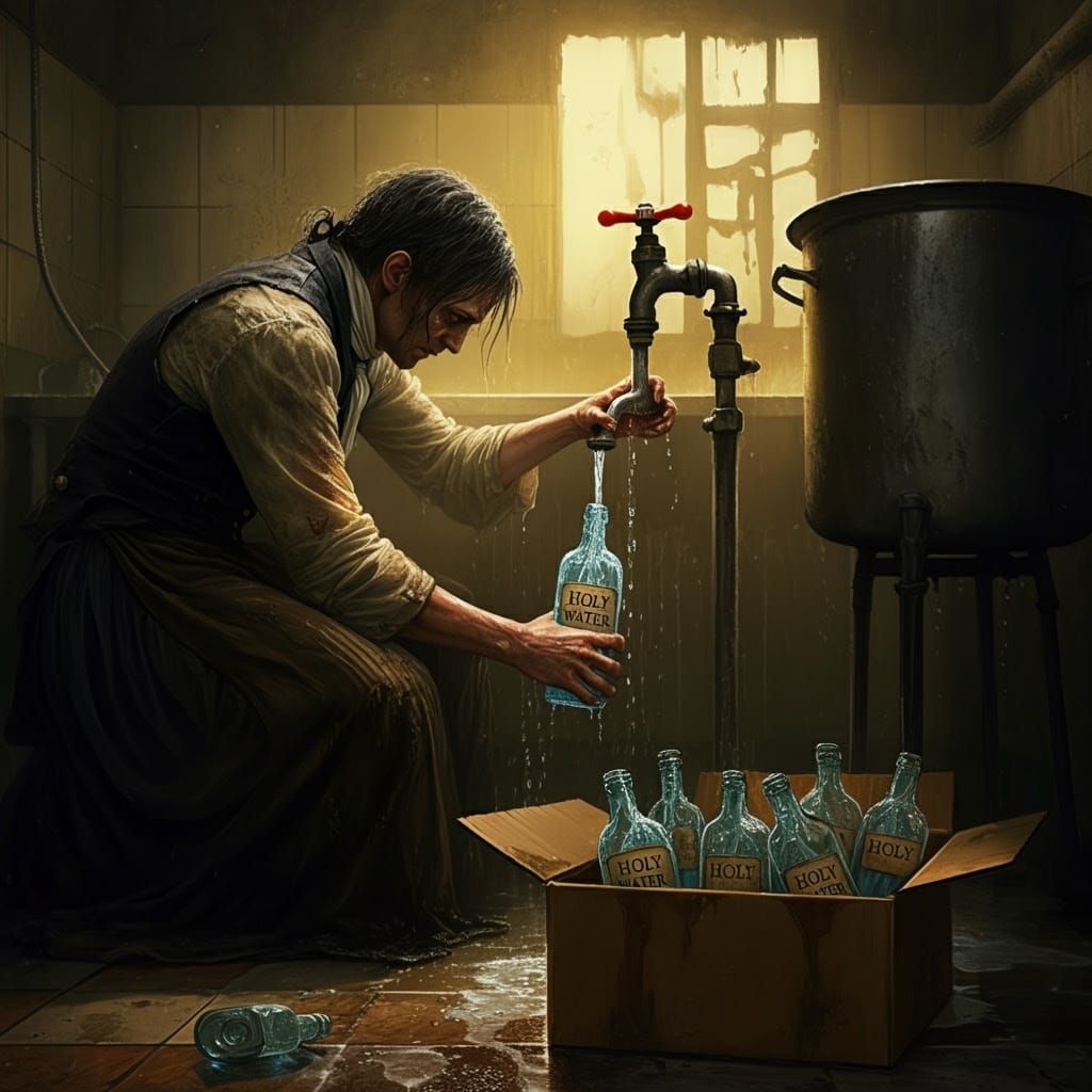 A Troubled Figure Dispenses Holy Water in a Desecrated Kitch...