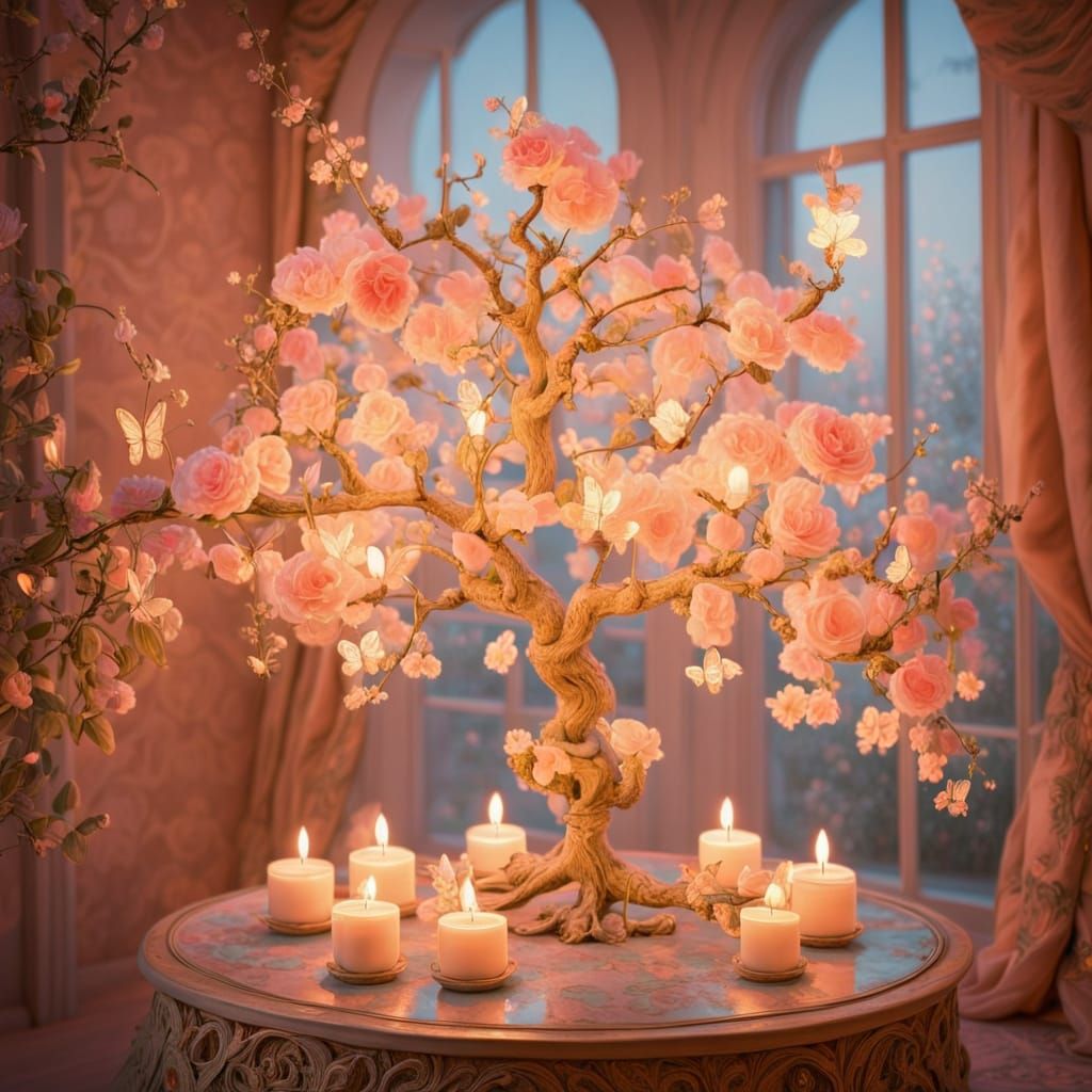 Whimsical Baroque Garden Scene with Celestial Blooms